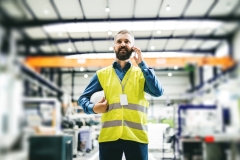A portrait of an industrial man engineer with smartphone in a factory, working.